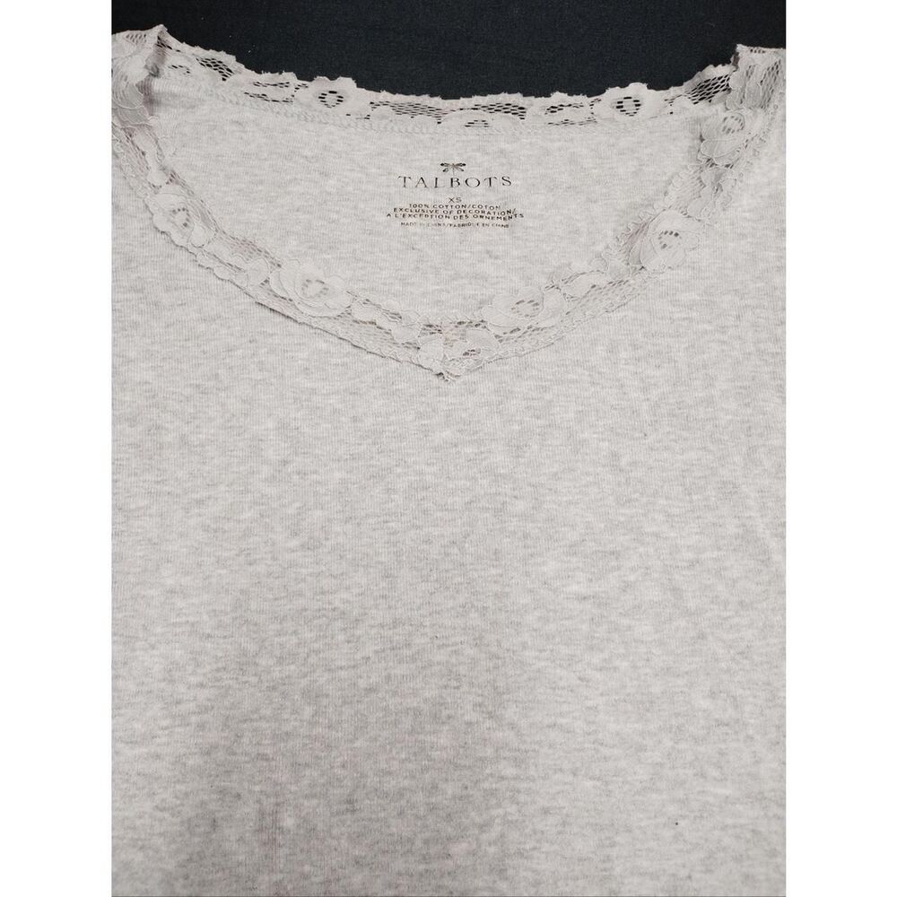 Talbots Light Gray Lace-Trim V-Neck Long Sleeve Top - Picture 2 of 6